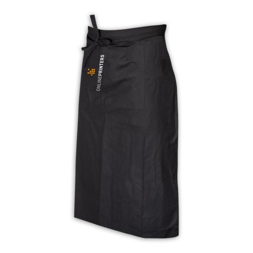Tablier noir en coton avec de longues lanires et une poche.