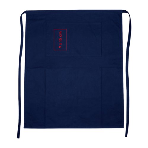 Tablier bleu en coton avec de longs liens et une poche plaque.