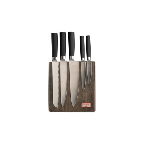 Bloc  couteaux en bois avec six couteaux en acier inoxydable.