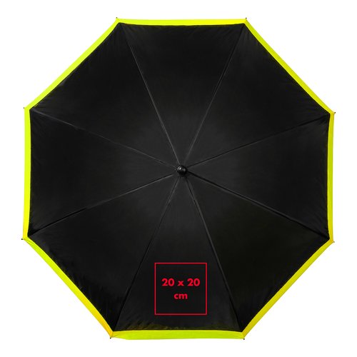 Parapluie noir avec bordure jaune et mcanisme d'ouverture automatique.