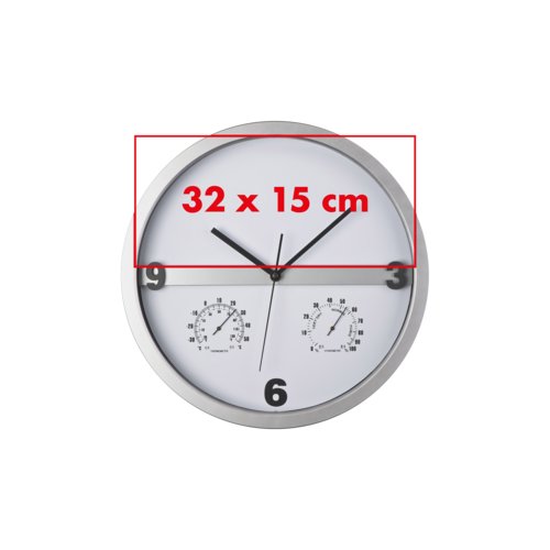 Horloge murale argente avec thermomtre et hygromtre intgrs.