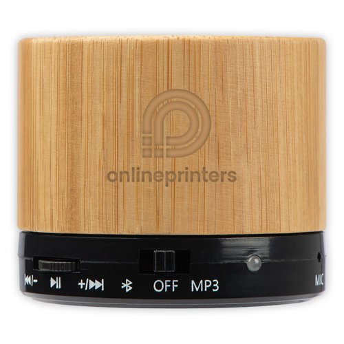 Haut-parleur Bluetooth en bois clair avec panneau de commande.
