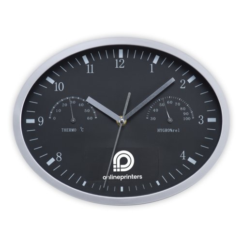 Horloge murale noire avec thermomtre et hygromtre.
