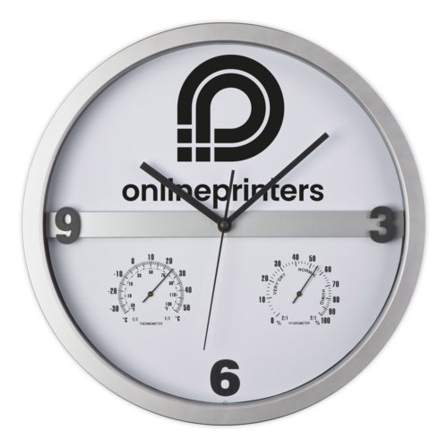 Horloge murale argente avec thermomtre et hygromtre.