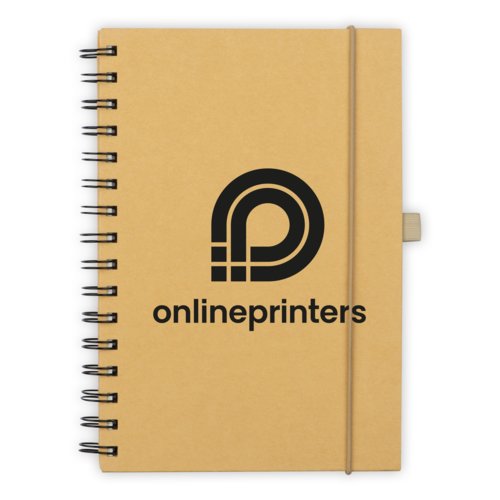 Carnet brun avec fermeture lastique et reliure spirale.
