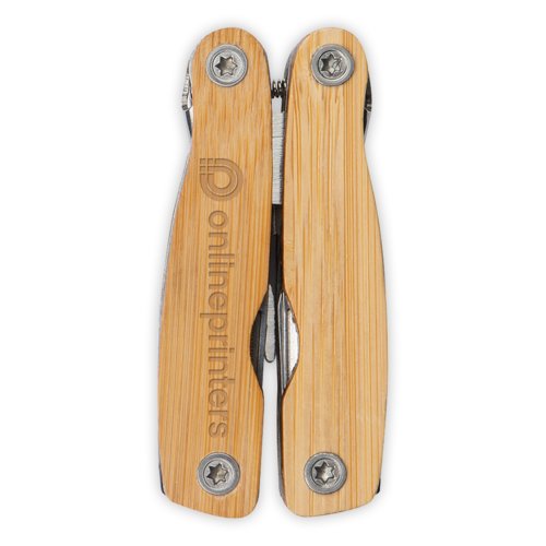 Multi-outil en bambou beige avec divers outils.