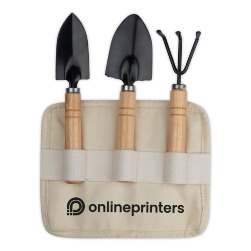 Ensemble d'outils de jardin en mtal et bois dans un sac en tissu.