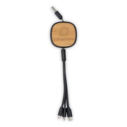 Cble de chargement en bois avec connecteurs USB, Micro-USB et USB-C.