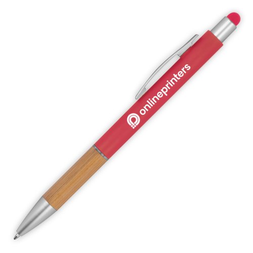 Stylo  bille rouge en bois avec fonction tactile et clip.