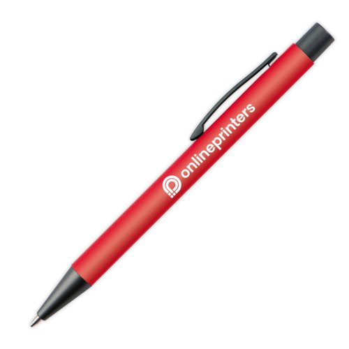 Stylo  bille rouge en plastique avec clip et bouton poussoir.