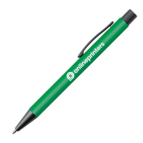 Stylo  bille vert en plastique avec clip et bouton poussoir.