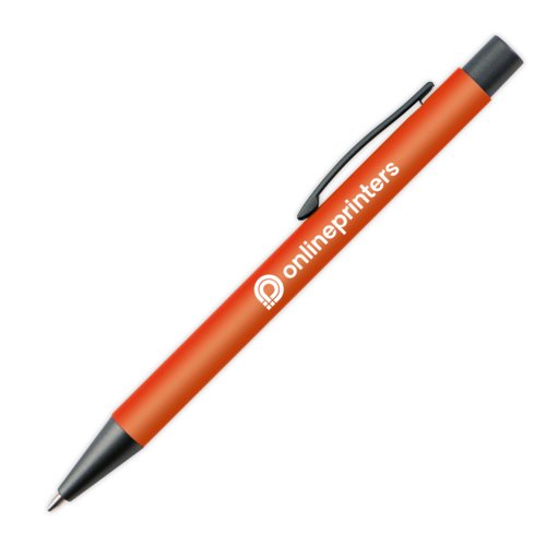 Stylo  bille orange en plastique avec clip et bouton poussoir.