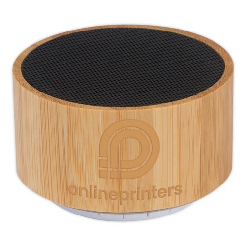 Haut-parleur en bois clair avec grille noire.
