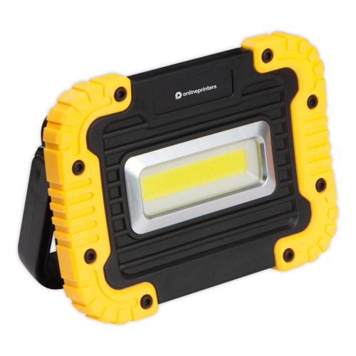 Lampe de chantier COB jaune/noire avec support.