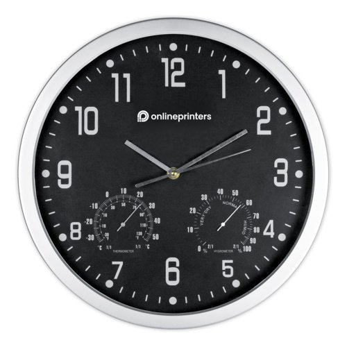 Horloge murale noire avec thermomtre et hygromtre.
