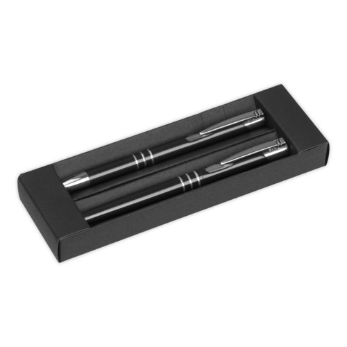 Ensemble d'criture noir avec stylo  bille et porte-stylo.