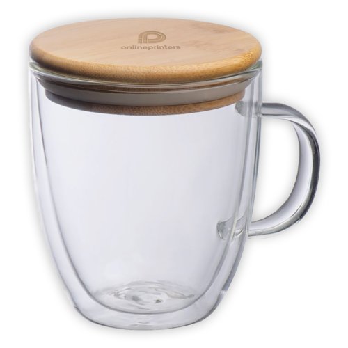 Tasse transparente en verre  double paroi avec couvercle en bambou et anse.