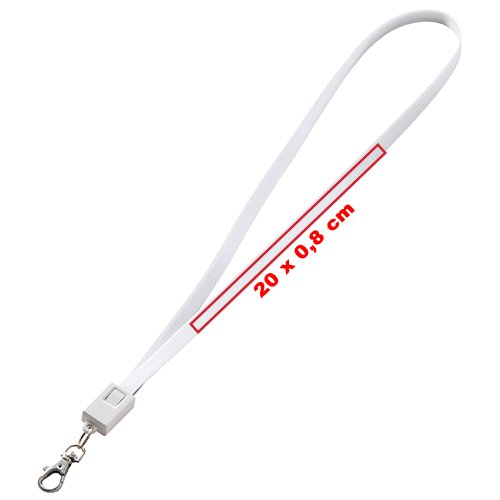 Lanyard blanc en polyester avec mousqueton et cble de chargement universel.
