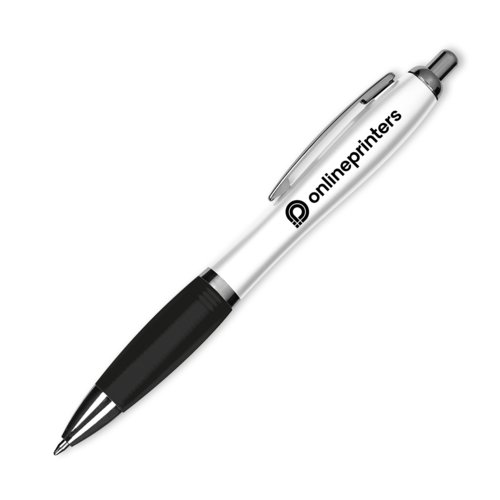 Stylo  bille en plastique noir avec motif, clip et mcanisme  poussoir.
