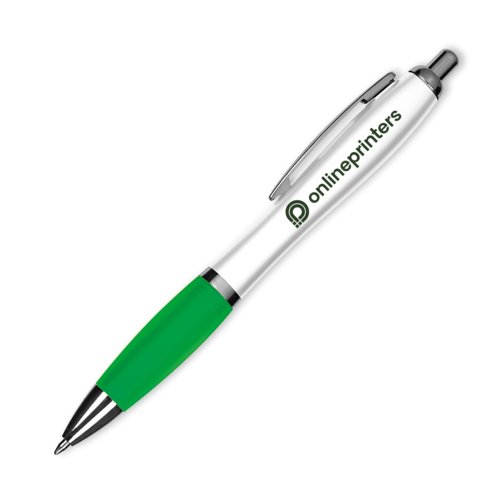 Stylo  bille en plastique vert avec clip et bouton-poussoir.