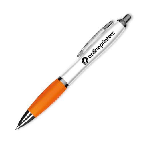 Stylo  bille orange en plastique avec clip et bouton-poussoir.