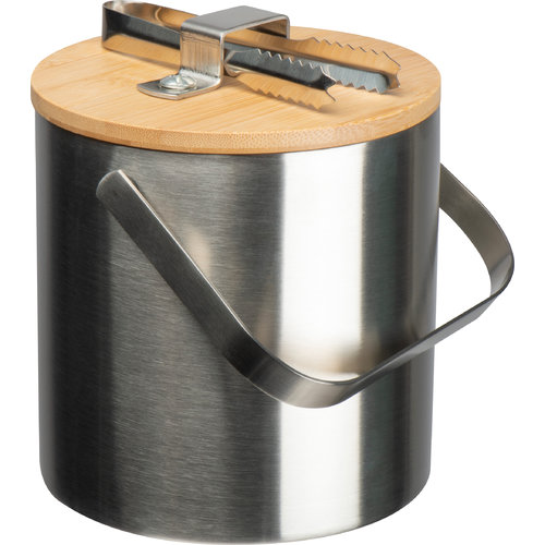 Seau  glace argent en mtal avec couvercle en bois.