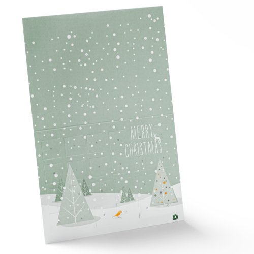 Calendrier de l'Avent en papier vert � ouvrir avec portes num�rot�es.