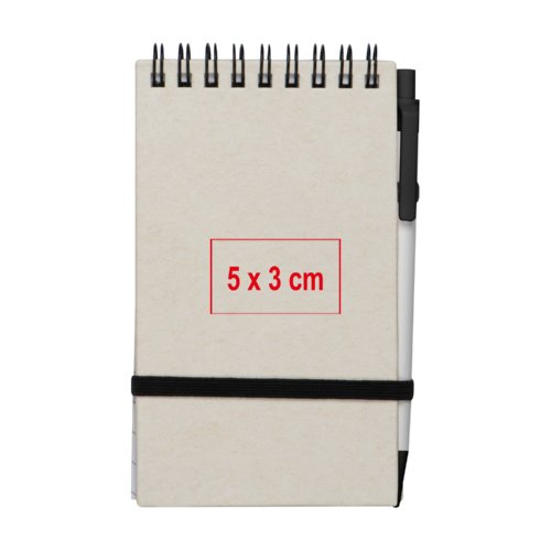 Bloc-notes spirale recycl en carton clair avec passant pour stylo et lastique.