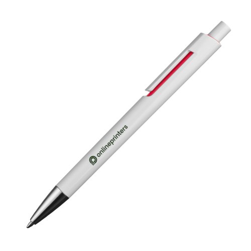 Stylo  bille en plastique rouge avec clip et bouton poussoir.