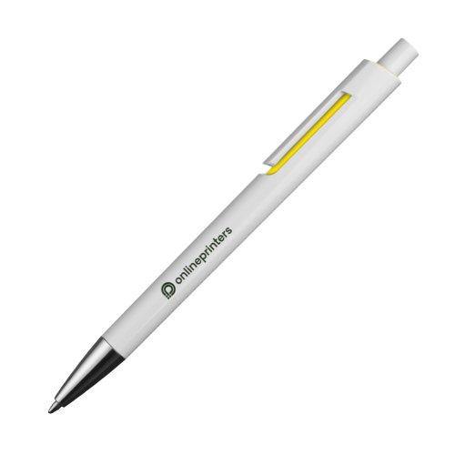 Stylo  bille jaune avec clip et bouton poussoir.