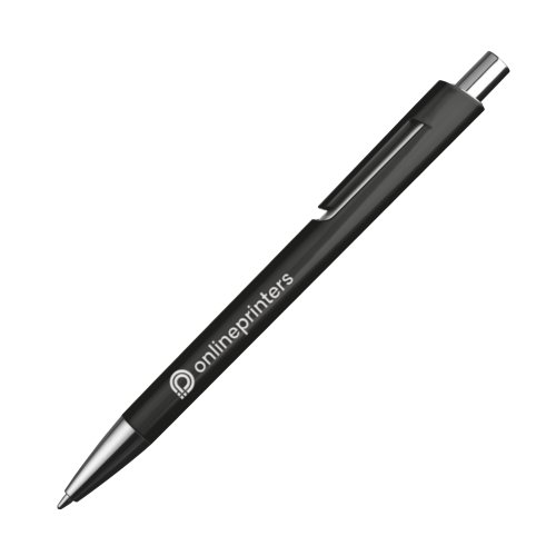 Stylo  bille en plastique noir avec clip et bouton poussoir.