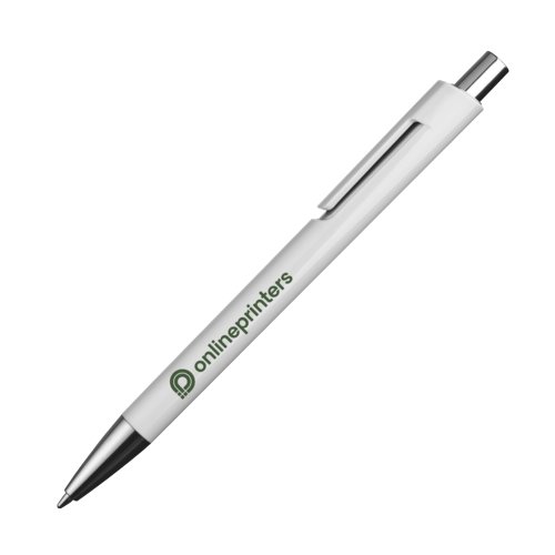 Stylo  bille en plastique blanc avec clip et bouton poussoir.