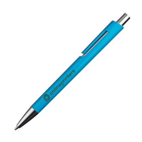 Stylo  bille en plastique bleu clair avec clip et bouton poussoir.