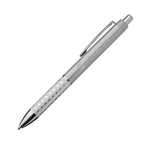 Stylo  bille en mtal gris avec clip et bouton poussoir.