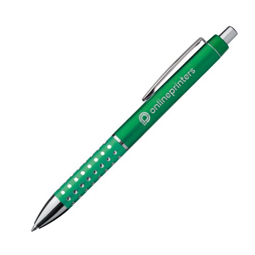 Stylo  bille en mtal vert avec clip et bouton poussoir.