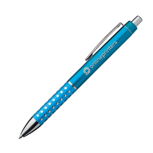 Stylo  bille en mtal turquoise avec clip et bouton-poussoir.