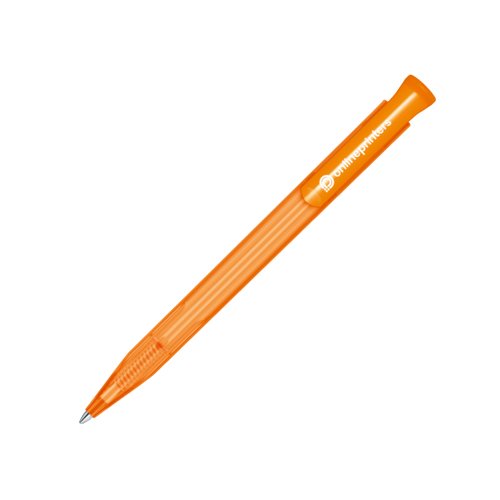 Stylo  bille orange en plastique avec bouton-poussoir.