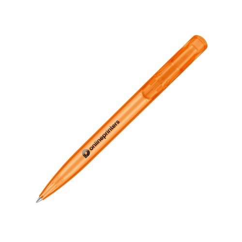 Stylo  bille orange en plastique avec bouton-poussoir.