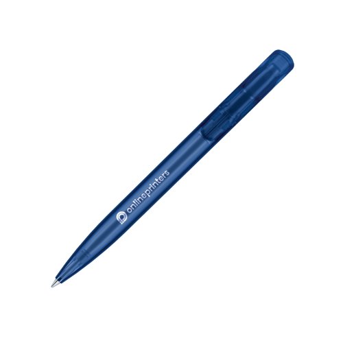 Stylo  bille en plastique bleu fonc givr avec bouton-poussoir.