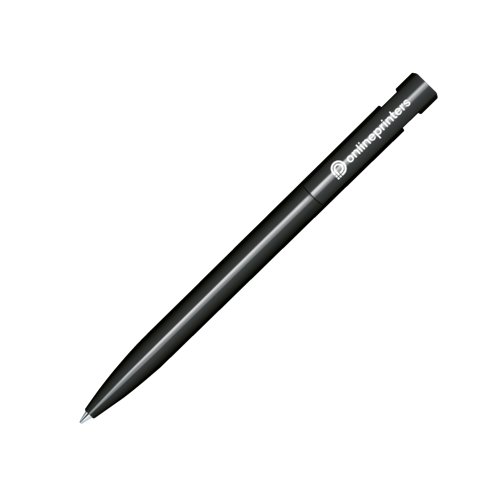 Stylo  bille en plastique noir avec une finition brillante et bouton poussoir.