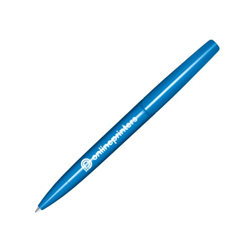 Stylo  bille en plastique bleu avec finition polie et mcanisme rotatif.