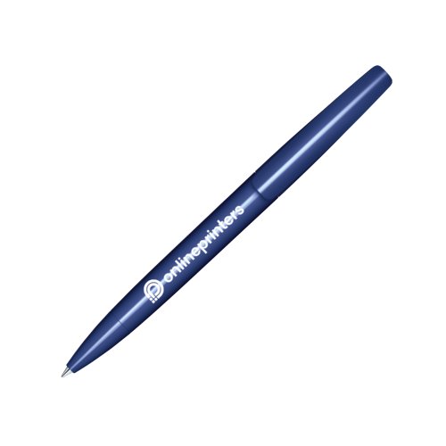 Stylo  bille rotatif en plastique bleu fonc avec une finition polie.