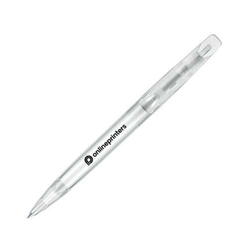 Stylo  bille rotatif en plastique blanc avec corps transparent.