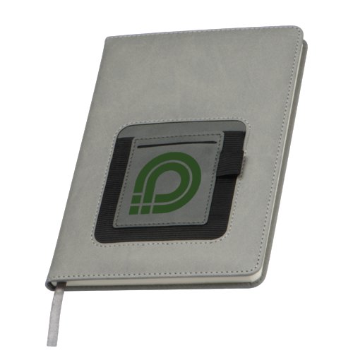 Carnet gris avec poche et lastique.