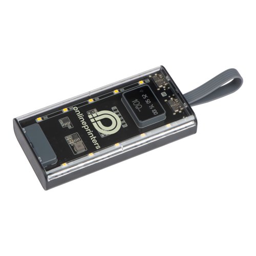 Batterie externe noire en plastique avec capacit de charge de 10 000 mAh et dragonne.