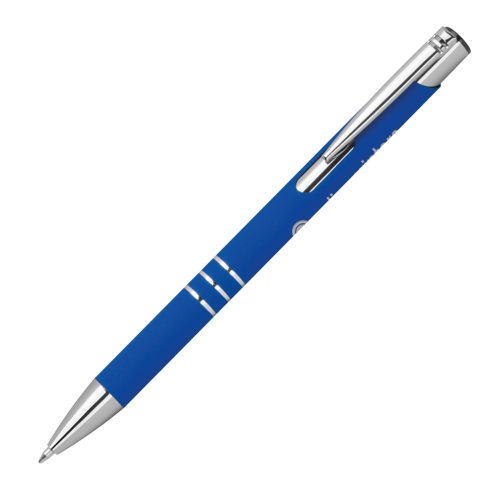 Stylo gel bleu avec clip et bouton-poussoir.
