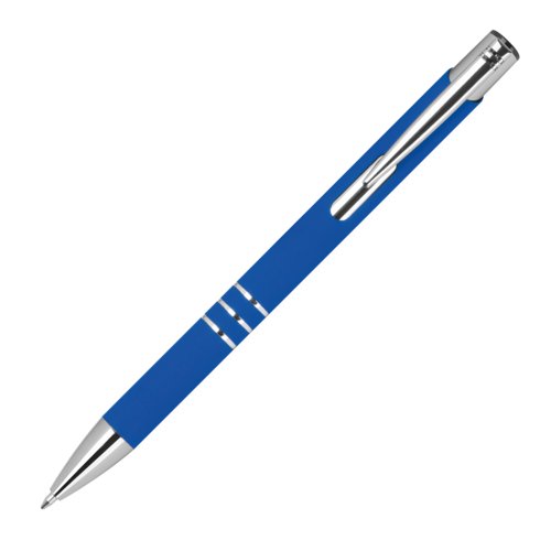Stylo gel bleu avec lments en mtal et mcanisme  pression.