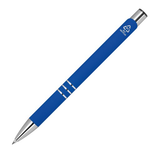 Stylo gel bleu avec lments en mtal et capuchon.