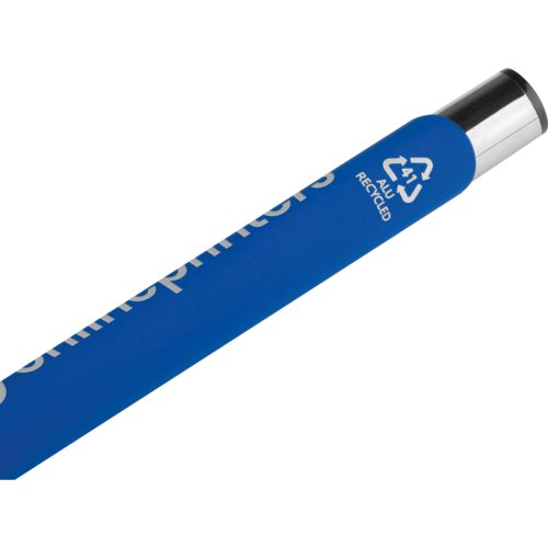Stylo gel bleu avec lments en mtal et motif.