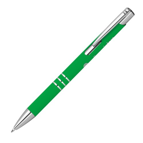 Stylo gel vert avec lments en mtal et clip.